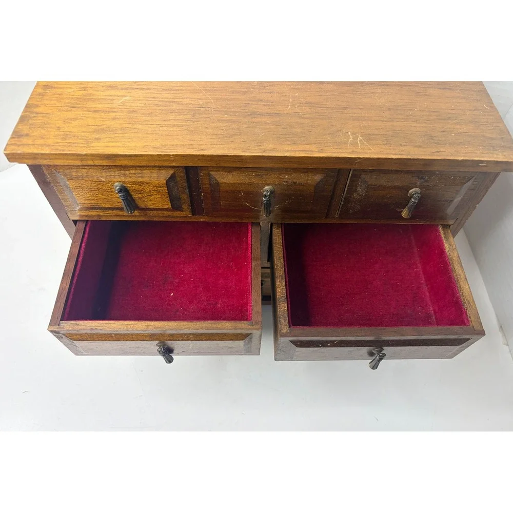 Vtg Wood Jewelry Project Box Miniature Dresser Chest 6 Drawer Red Velvet Lined